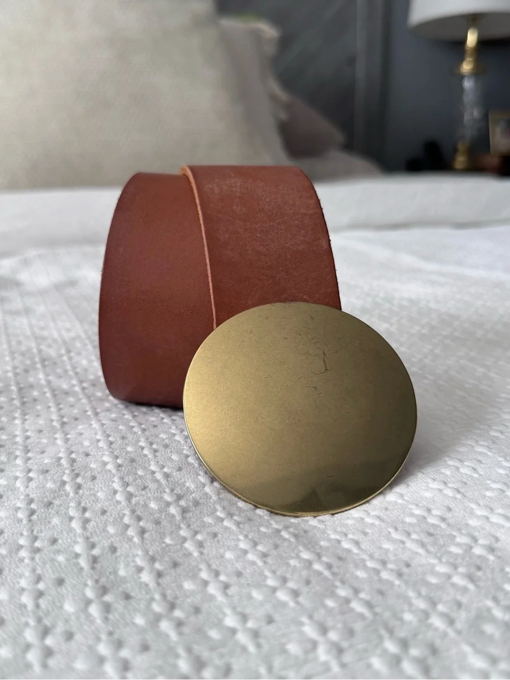 Vintage GAP Brown Cognac Belt Brass Medallion Buckle Size Large